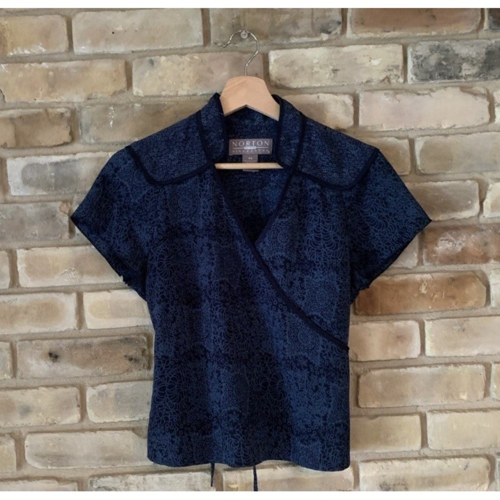 Norton McNaughton Petites Blue Paisley Lace Print Faux Wrap Top PS